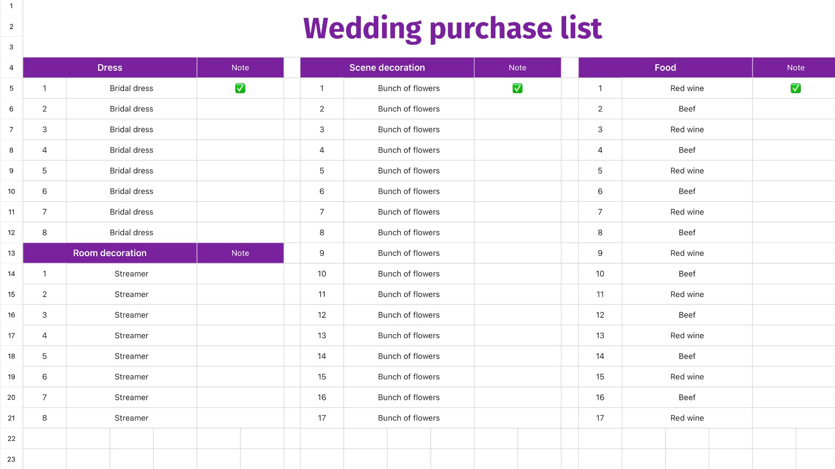 Wedding purchase list